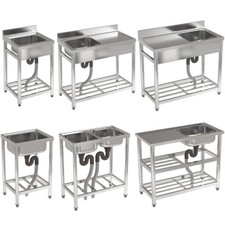 50-120cm Stainless Steel Commercial Kitchen Catering Sink w/Drainer Units&Shelf