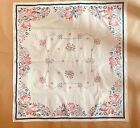 Vtg linen small tablecloth large dish towel vintage print textiles. blue/pink fl