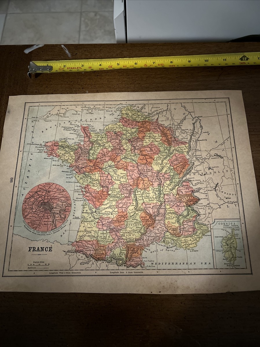 Antique Colorful 1889 Map Of France 13x10 Inches | eBay