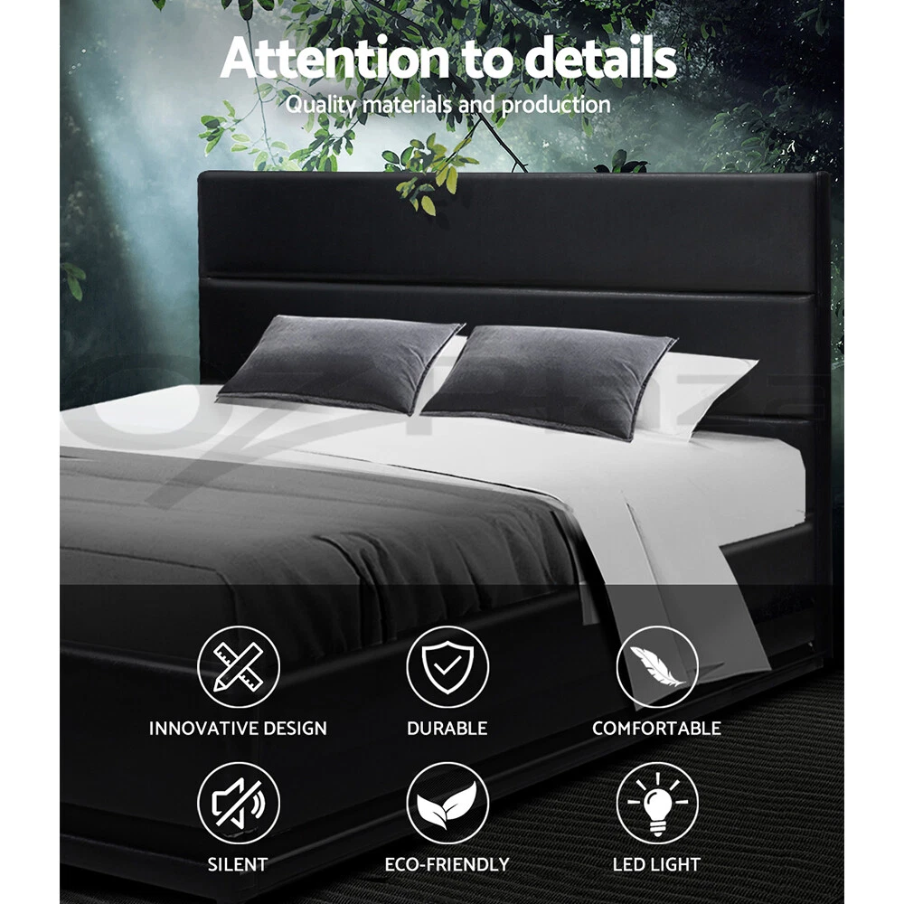 Artiss rgb led bed frame king size gas lift base storage black leather lumi deals
