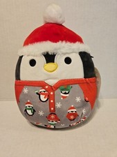 Squishmallow 8" Luna the Penguin in Pajamas Santa Hat Plush Preowned