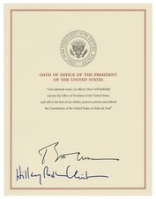 US President Oath of Office Signed by Bill & Hillary Clinton - Only One Extant