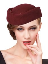 Burgundy Wool Felt Beaded Fascinator Hats Cocktail Wedding Millinery Beret Hat