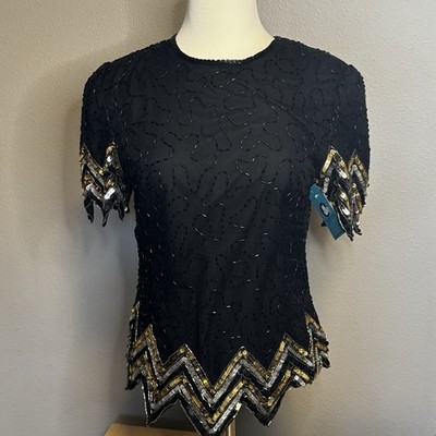 SCALA Sz M petite Silk Beaded Sequin  Formal Top Black Classic Vintage Retro