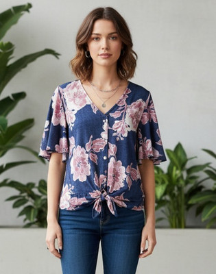 Emi & Joe M Top Blue Purple Floral Flutter Cottage Coastal Bloom Casual Boho
