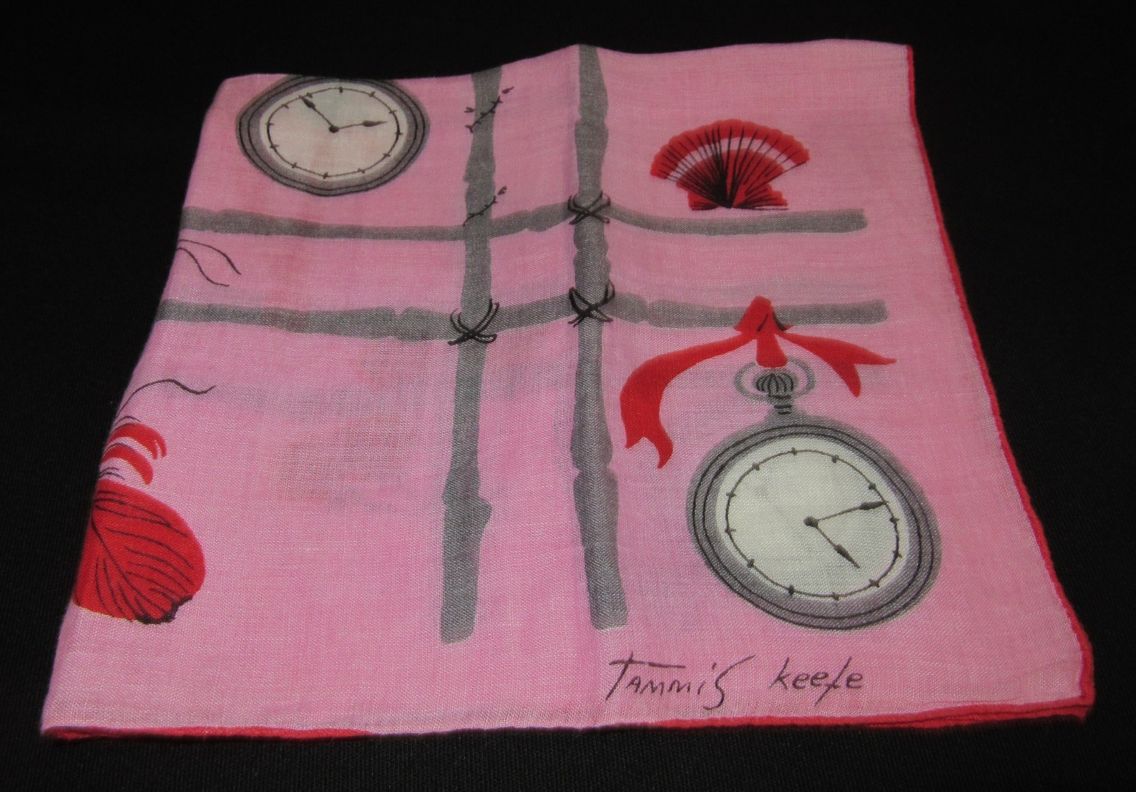 Vintage Hankie Linen Tammis Keefe Signed Watches and Shell Theme Hand Rolled image 4