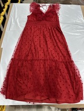 Adrianna Papell Midi Dress Women's 16 Red Polka Dot Ruffle Sheer A-Line CEB040