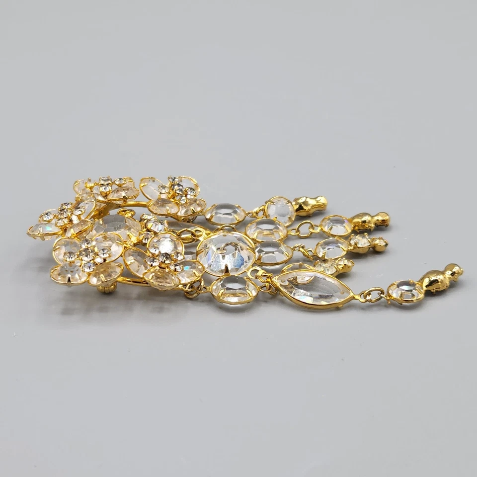Vintage Kramer Signed Crystal Bezel Gold Plated Waterfall Dangle Drop Brooch - Image 3 of 4