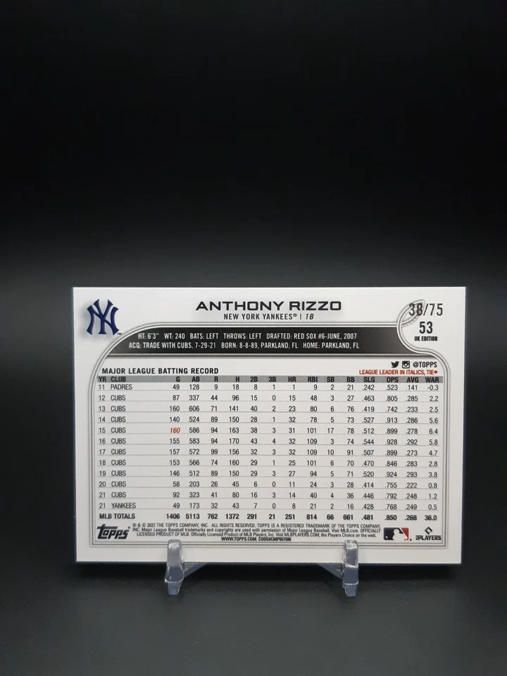 2022 Topps UK Edition Blue /75 Anthony Rizzo #53 - Image 2 of 2