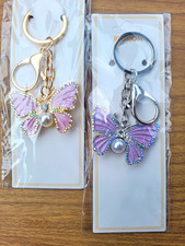 Rhinestone Purple Butterfly Key Chain w/ Detachable Lobster Clasp Gold Silver