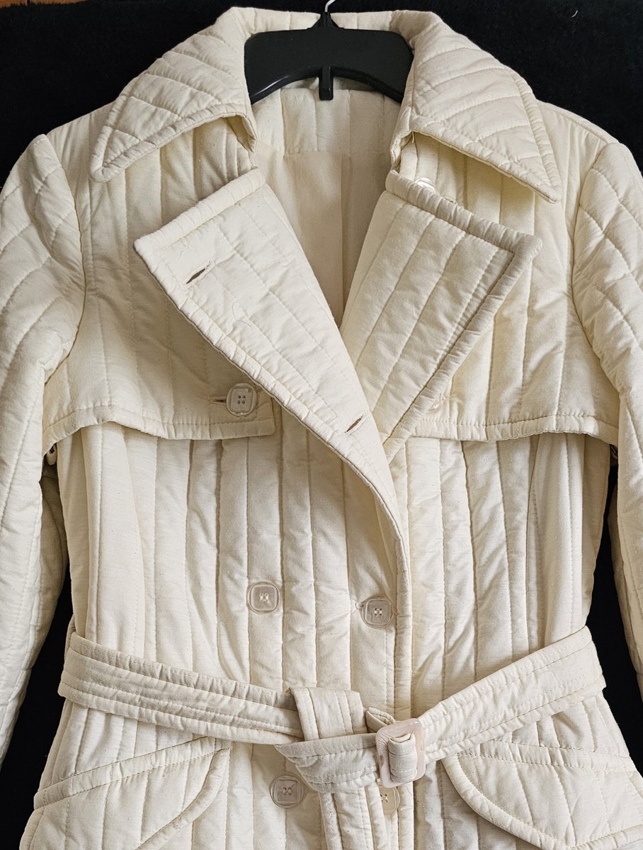 Vtg 70's "SUNSHINE  SHOWERS" (by Wally Pearsall) XS Quilted Trench Coat, Ivory View 3