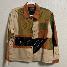 Chaqueta Allure vintage mezcla de lino boho patchwork M botones de búho de madera únicos.