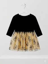 Girls Black Beige Floral Tutu Dress Long Sleeve Layered Tulle Knee Length