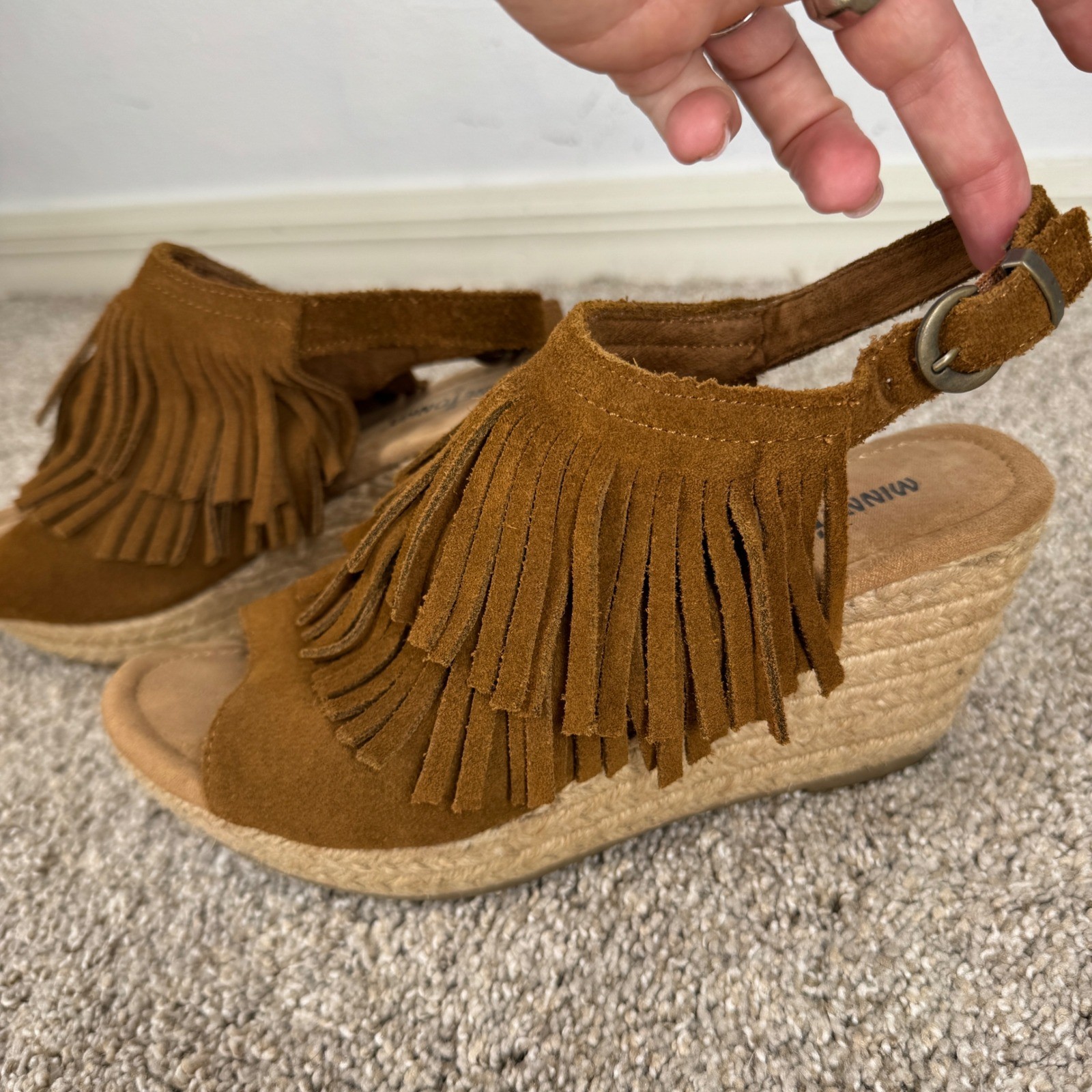 Minnetonka Suede Fringe Wedge Platform Espadrille Sandals 8 Boho Festival Hippie
