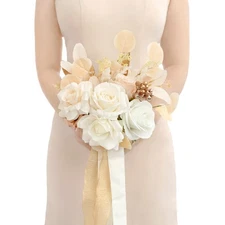 Ling's moment Artificial Flowers Boho Bridesmaid Bouquet, White Beige Wedding...