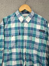 Columbia PFG Super Bahama Shirt Mens Large Blue Plaid Fishing Shirt L/S Vented