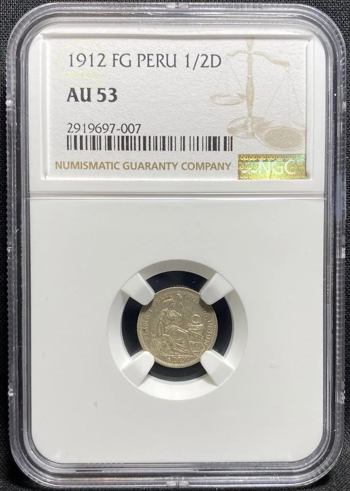 PERU 1912 Silver 1/2d Half Dinero Coin Rare High Grade NGC AU53, PRICED TO SELL! - Image 3 of 4