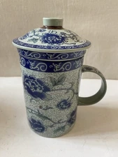 Asia Lid Mug w Ceramic Tea Infuser Blue Peony Flowers Floral New in Box NIB READ