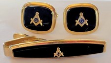 Vintage Masonic Freemason Square & Compass "G" Cufflinks Tie Bar Set Made In USA