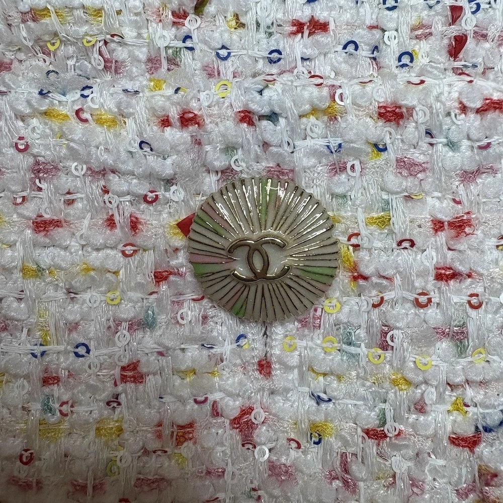 Autentica giacca tweed CHANEL 25P CC logo bottoni multicolore glitter FR 36