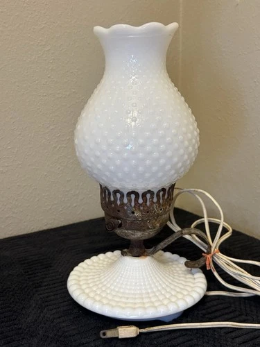 Vtg Milk Glass Electric Bedside Lamp | Hobnail Base & Shade