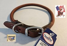 USA MADE PREMIUM BROWN/TAN ROLLED ROUND LATIGO LEATHER & CHROME 16" DOG COLLAR