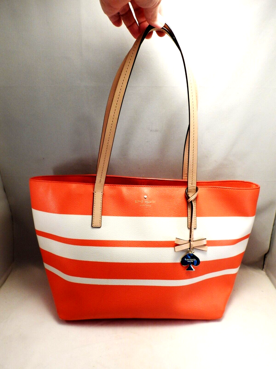 Kate Spade New York Orange White Striped Leather Tote Bag - Main Image