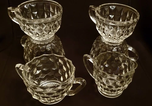 Fostoria Early American Diamond Design TEA SET Creamer Sugar 4 cups Excellent