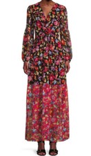 VINCE CAMUTO A-LINE MAXI DRESS CHIFFON V-NECK FLORAL MULTICOLOR SIZE 2 US