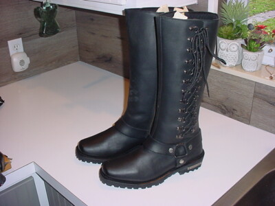 NEW Milwaukee Leather Ladies Sz11 Black Leather 17'' Boots,Square Toe,Lacing,ZIPR