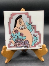 Earthtones Tu-Oti Tile Southwestern Native Trivet Wall Hanging Woman Cat Cactus