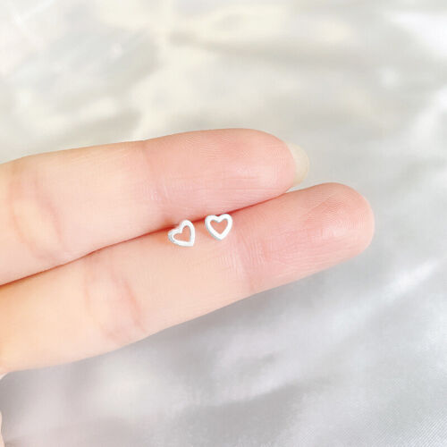 Genuine 925 Sterling Silver Cute Small Tiny Cut-out Heart Stud Earrings Gift UK - Picture 2 of 3