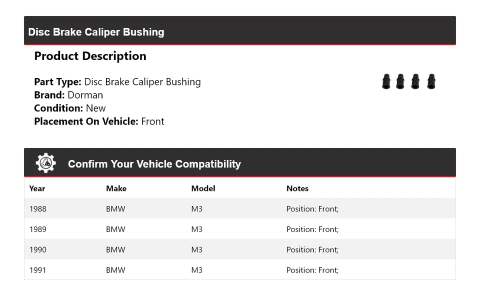 Buje de pinza de freno de disco delantero 1989 1990 para BMW M3 Dorman 1988-1991 Foto 2 de 4