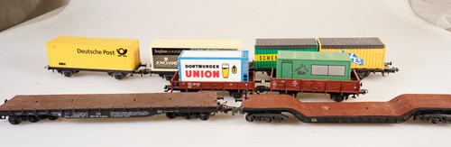 (6408) 7 Güterwagen  Spur H0 Container, Schwerlast, Niederbord (Roco + Röwa) | Condition: Gebraucht
