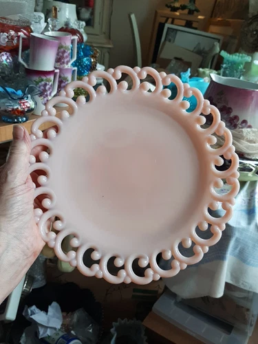 Vintage Fenton PINK Milk Scroll Lace 8-3/4" Plate! Reverse C Border, RARE! RARE!