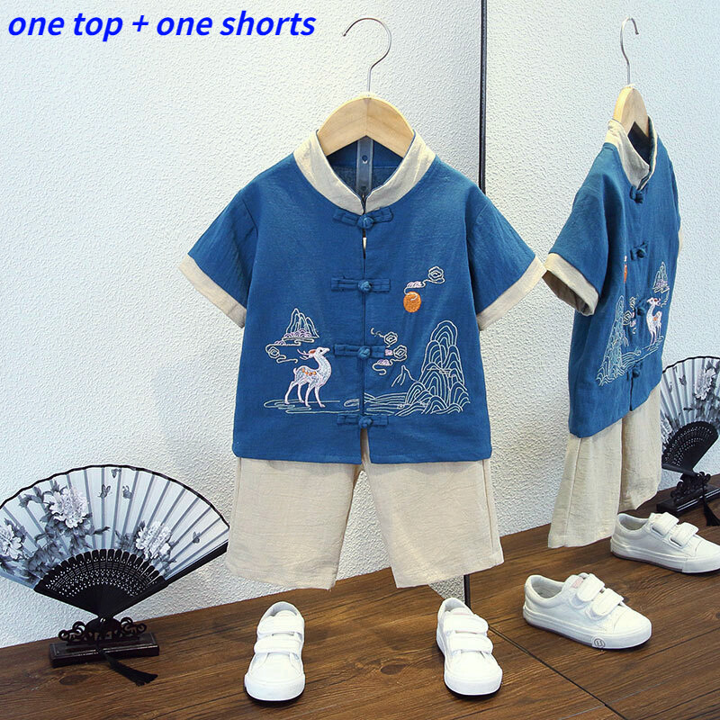 2Pcs Kids Boys Chinese Traditional Clothes Embroidery Hanfu Tang Suit  Costume