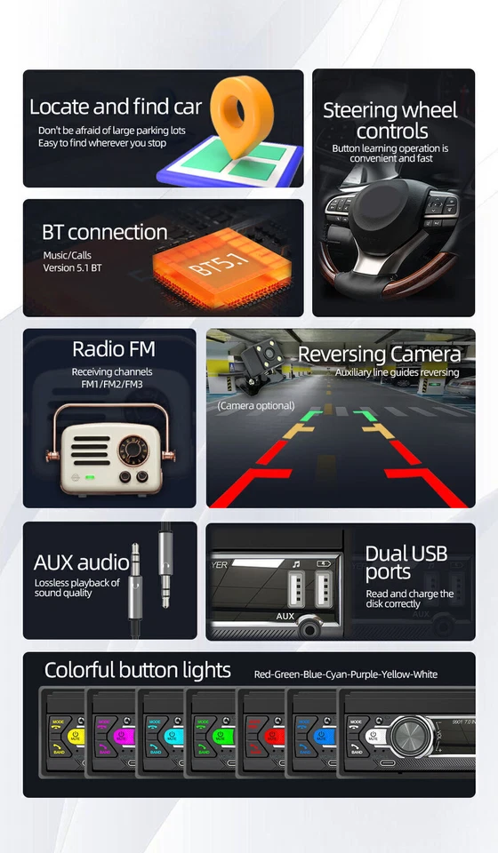 Retractable 7" Single DIN Touch Screen Car MP5 Stereo Radio SWC BT with Camera - Image 3 of 4