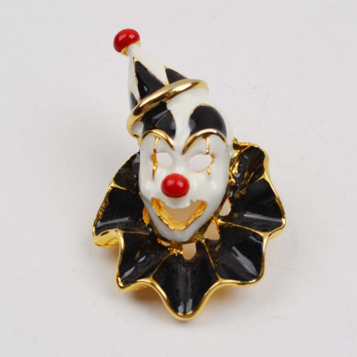 Vintage Clown Face Brooch Gold Tone Black White Red Enamel Brooch
