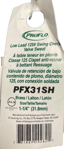 PROFLO BRASS 1-1/4" FIPS SWING CHECK VALVE SWEAT PFX31SH