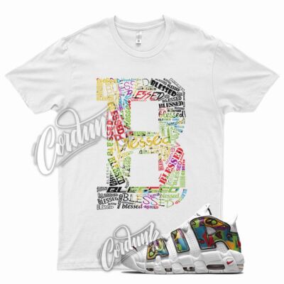 White BLESSED Shirt for N Air More Uptempo Peace Love University Gold 
