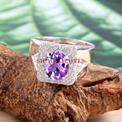 Natural Amethyst Gemstone with 18K White Gold Plated Silver Men's Ring #321