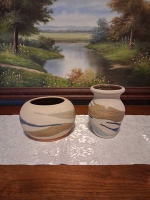 Vintage Alfa Dom 2 Piece Stoneware Pottery Vase Signed