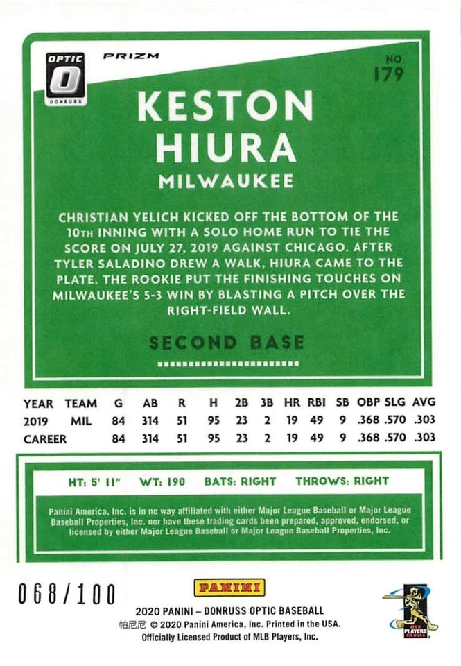 2020 DONRUSS OPTIC ORANGE PRIZM KESTON HIURA #68/100 MILWAUKEE BREWERS - Image 2 of 2