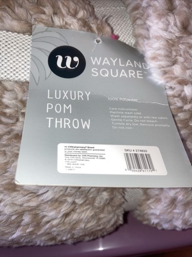 Wayland Square Luxury Pom Throw Blanket 50" x 60" Cozy Comfort - Tan Brown - Picture 5 of 5