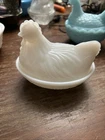 Vintage White Milk Glass Chicken Hen on a Nest Small 4 1/2" Candy Covered Dish