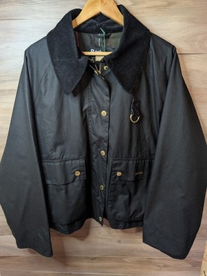 Barbour Reighton Wachsjacke schwarz UK 18 Spey Kurzmantel mit Kapuze neu mit Etikett 