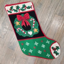 VTG Handmade Wool Needlepoint Holly Wreath Candy Cane Christmas Velvet Stocking