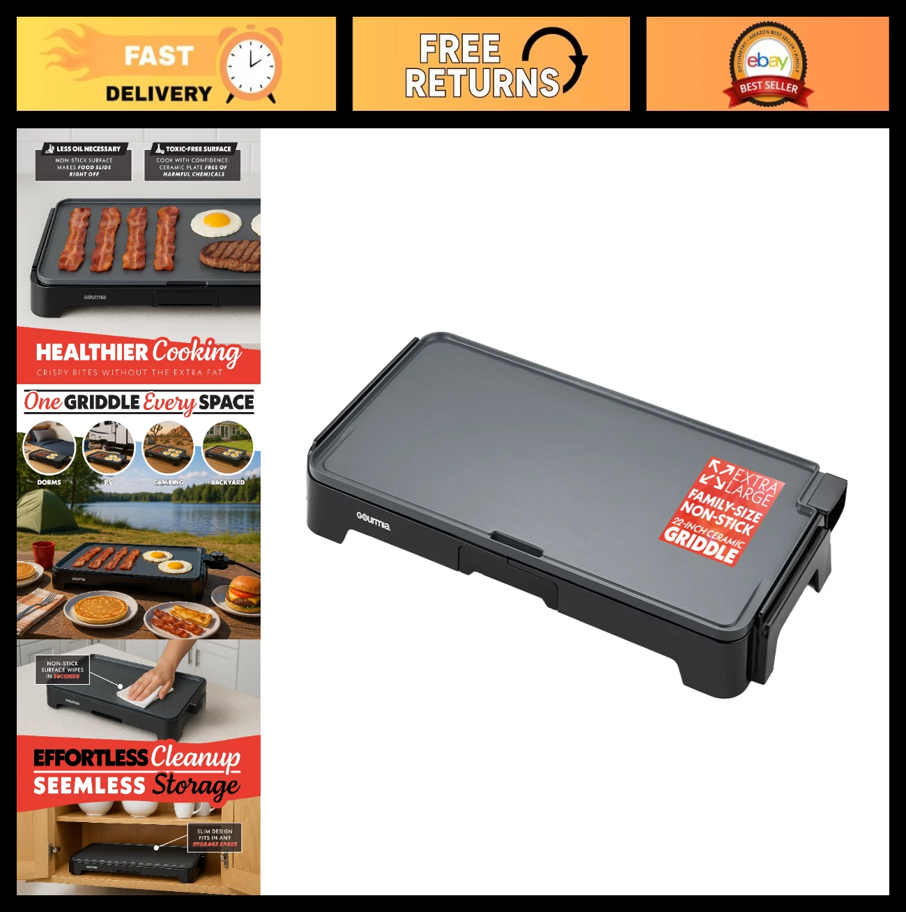 Extra Large 22" Electric Griddle Pan - Nonstick Flat Top, Adjustable Temp 200°F-