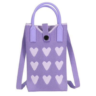 Knit Phone Crossbody Bag, Mini Crochet Handbag with Heart Pattern, Purple