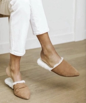 Jenni Kayne Laurel Shearling Lined Mules Walnut Suede Pointed Toe Slip On 38
